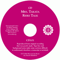 Magenta CD labeled “Mrs. Takata Reiki Talk,” featuring text details, a white Reiki symbol, and publication information.