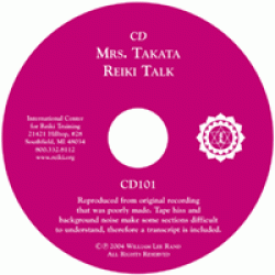 Magenta CD labeled “Mrs. Takata Reiki Talk,” featuring text details, a white Reiki symbol, and publication information.