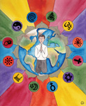 Illustration of a person praying on a globe, surrounded by colorful rays and diverse religious symbols.