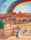Colorful drawing of Sedona, Arizona, featuring red rocks, a rainbow, and a "Crystal Shop."