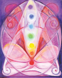 An abstract painting of a seated figure in a yoga pose with seven colorful chakra symbols aligned vertically.