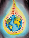 A colorful illustration of Earth surrounded by a glowing aura and a vertical beam of spiritual fire.