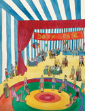 Colorful illustration of a bustling book fair inside a blue and white striped tent with a red stage.