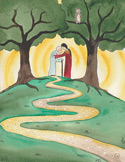 Watercolor art of a younger person supporting an elderly person on a winding path between two large trees.