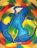 Abstract colorful painting of Earth with golden energy lines flowing from the poles and forming a central figure.