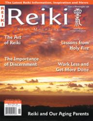 Reiki News Magazine Spring 2016 cover featuring a sunset over the ocean and various article headlines.