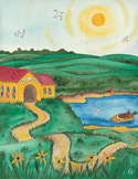 Illustration of a winding path leading to a yellow building next to a lake with a person fishing in a boat.