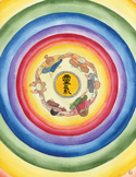 Watercolor of a group of people holding hands in a circle, surrounded by colorful concentric rings.