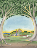 Illustration of a person at a crossroads in a green landscape, framed by two large overhanging trees.