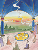 Illustration of students sitting in a circle under a blue domed ceiling with a view of mountains.