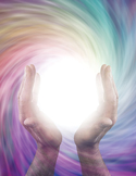 Two hands reaching up to cradle a glowing white light against a swirling rainbow background.