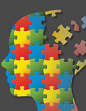 Profile of a human head made of colorful puzzle pieces, with several pieces breaking away.