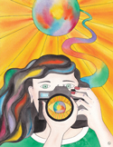 Colorful illustration of a woman with an eye in her camera lens and energy flowing from a sun.