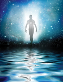 A silhouette of a human figure walking through a bright celestial portal reflecting on water.
