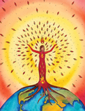 Illustration of a person with roots in the Earth, arms raised toward a glowing sun and floating leaves.