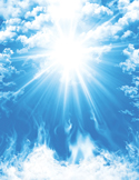 Radiant white sunlight bursting through a bright blue sky filled with soft, wispy clouds.