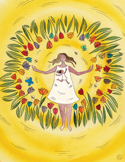 Illustration of a woman in a white dress standing in a ring of colorful tulips and butterflies.