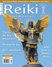 Reiki News Magazine Winter 2019 cover featuring a golden winged angel statue against a clear blue sky.