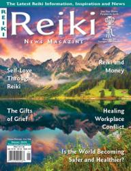 Reiki News Magazine Spring 2020 cover featuring a serene mountain range reflected in a calm lake.