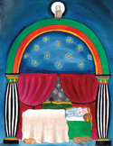 Artistic painting of a person sleeping in a bed under a rainbow arch and starry night sky.