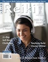 Reiki News Fall 2020 featuring a woman using a laptop with headphones.