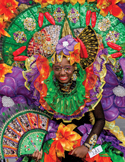 A person in a colorful, ornate Caribbean Carnival costume with vibrant feathers and fans.