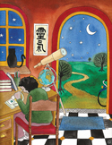 Illustration of a person studying at a desk with a telescope and globe, looking out at a starry night.
