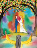 Illustration of a bride and groom holding hands under a colorful tree, blessed by a figure in yellow.