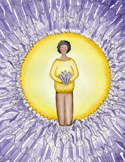 Illustration of a woman in a yellow sweater holding crystals, surrounded by a purple crystal pattern.
