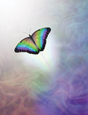 A vibrant rainbow butterfly flies upward through ethereal purple and blue clouds toward a bright white light.