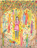 Colorful illustration of a woman standing in a park surrounded by glowing, multi-colored figures and trees.