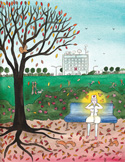 Illustration of a person glowing on a park bench under a large tree with falling leaves.