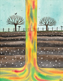 Illustration of a person standing in a vertical beam of colorful energy flowing into the earth.