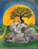 Illustration of a flowering tree on large rocks against a massive yellow sun and green hills.