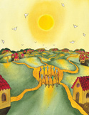 Illustration of colorful paths leading from houses to a central circle of people under a bright sun.
