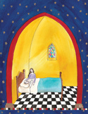 Illustration of a woman sitting on a bed in a yellow room with an arched ceiling and a checkered floor.