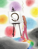 Illustration of a woman painting a black circle surrounded by colorful abstract spots.