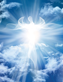 A radiant, glowing angelic figure composed of light appearing in a bright blue sky with soft clouds.