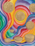 Abstract watercolor art featuring singing bowls and tuning forks amidst vibrant, flowing swirls of color.