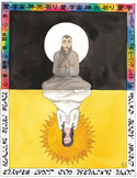 Illustration of Mikao Usui and a practitioner in meditation, surrounded by Japanese kanji and healing text.