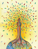 Colorful illustration of a person as a tree with deep roots and vibrant leaves floating in the air.
