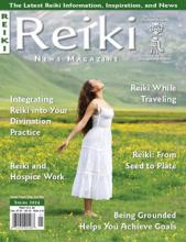 Reiki News Magazine Spring 2024 featuring a woman in a white dress in a yellow flower field with her arms outstretched.
