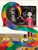 Colorful mural of a teacher writing on a chalkboard as rainbow paint flows across the classroom toward seated students.