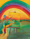 A colorful painting of a person at an easel beneath a rainbow, with flowing paths and bright, expressive landscapes.