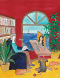 Illustration of a woman recording a podcast in a cozy room with cats, plants, and a view of the ocean.