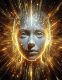 Digital art of a human face radiating intense golden light beams and sparkling energy particles.