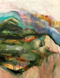 An abstract impressionist painting using green, blue, and earthy tones to depict a mountainous landscape.