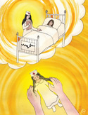 Whimsical illustration of a nurse giving care to a patient in a glowing dreamlike scene, mirrored by hands holding a small nurse doll below.