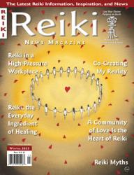 Reiki News Magazine Winter 2025 cover showing people holding hands in a heart-shaped circle with scattered red hearts and featured article titles.
