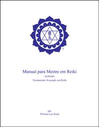 White book cover with blue ICRT logo and Portuguese text reading “Reiki Master Manual, Including Advanced Reiki Training.”
